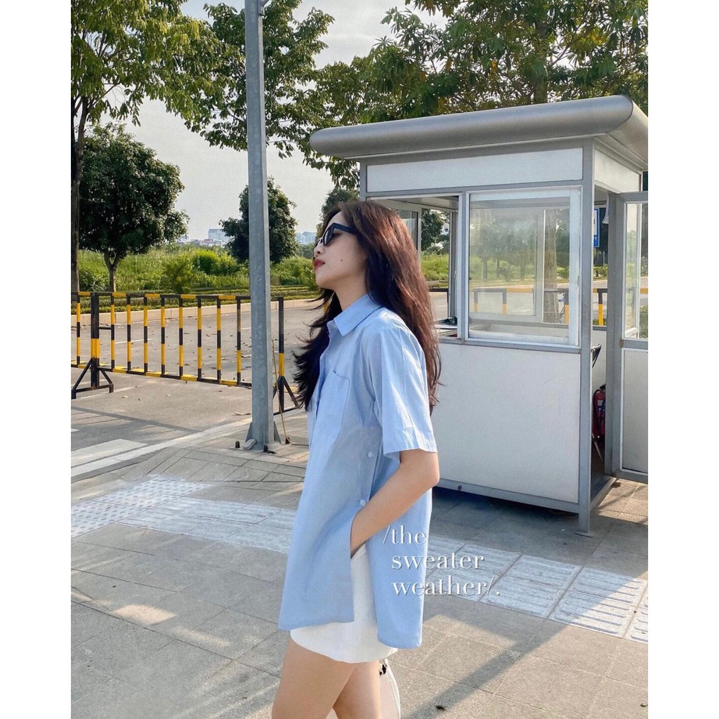 [Ảnh thật] Áo sơ mi tay lỡ xẻ tà 2 bên cài cúc ulzzang