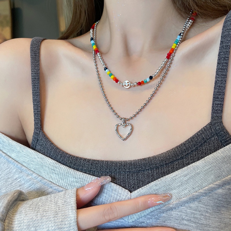 Vòng cổ Hai Lớp Chuỗi Hạt Nhiều Màu Hình Mặt Cười Phong Cách Hip Hop Dành Cho Nữ