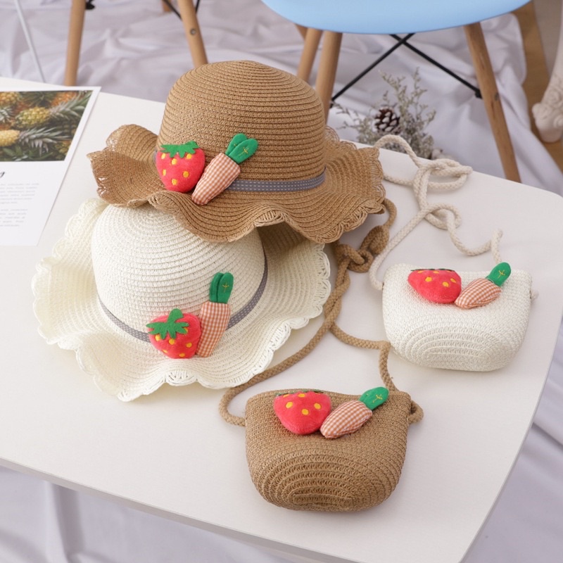 SET TÚI + NÓN MŨ CÓI CHO BÉ ĐI BIỂN ĐI CHƠI HÌNH QUẢ DÂU CÀ RỐT ( BÉ TỪ 2 - 8 TUỔI )