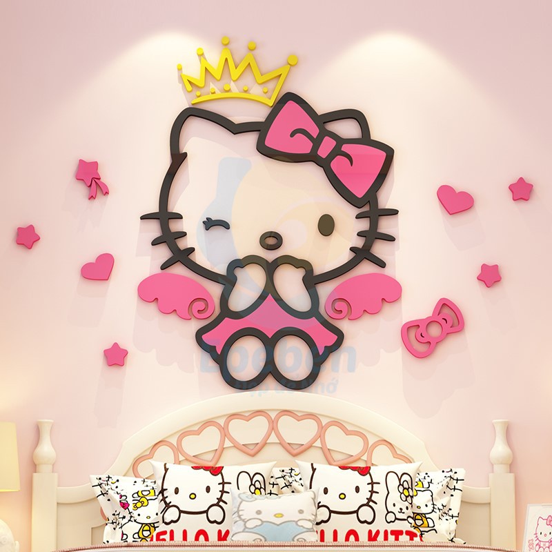 Tranh dán tường mica 3d decor khổ lớn hello kitty đôi cánh thiên thần trang trí mầm non phòng cho bé Nhiều Size - EPeBen