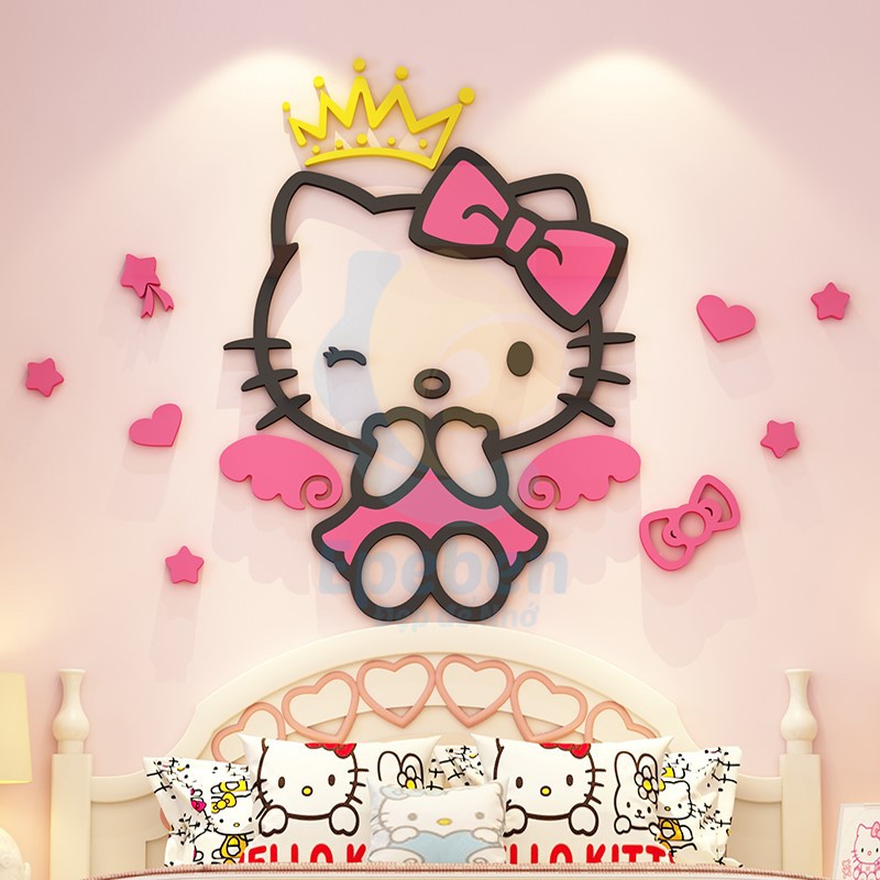 Tranh dán tường mica 3d decor khổ lớn hello kitty trang trí mầm non, mẫu giáo, phòng cho bé