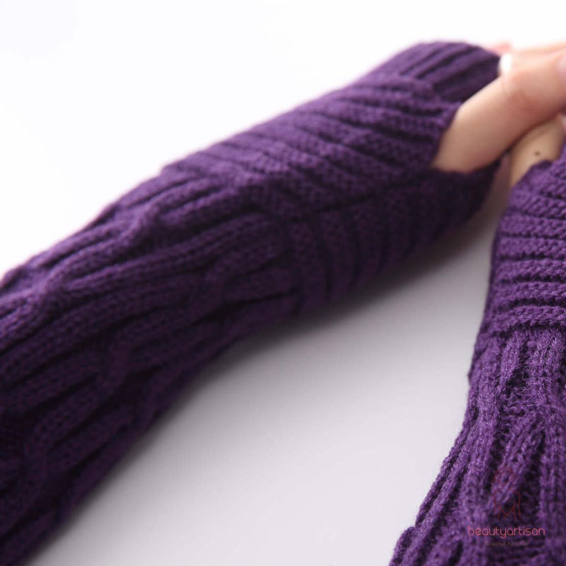 Găng tay ống dài hở ngón chất liệu len ấm áp thời trang cho nữ