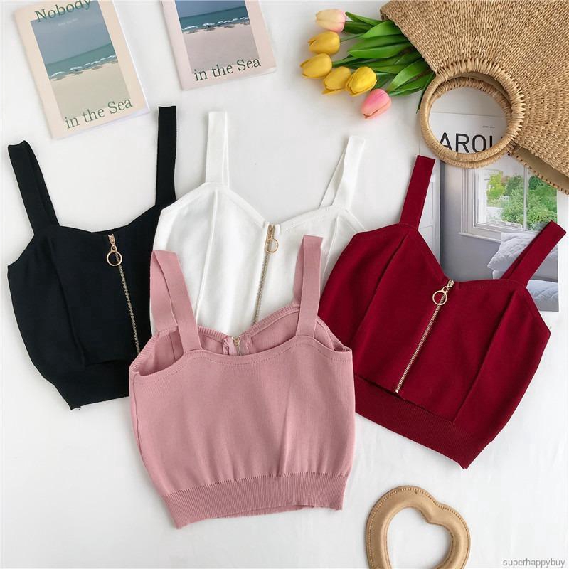 Áo len hai dây cổ chữ V phối khóa kéo phong cách trẻ trung dành cho nữ