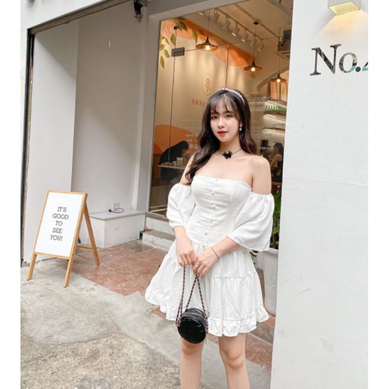 Đầm Trắng babydoll trễ vai MiNavy_ video sp thật
