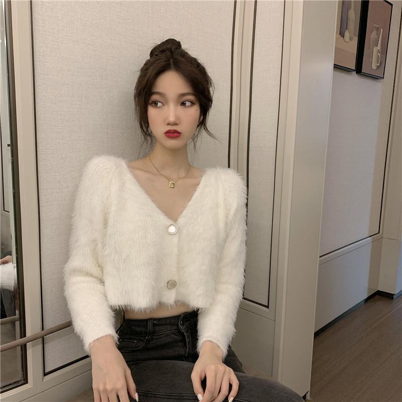 Áo khoác cardigan dệt kim dáng rộng phối lông mềm thời trang mùa đông cho nữ