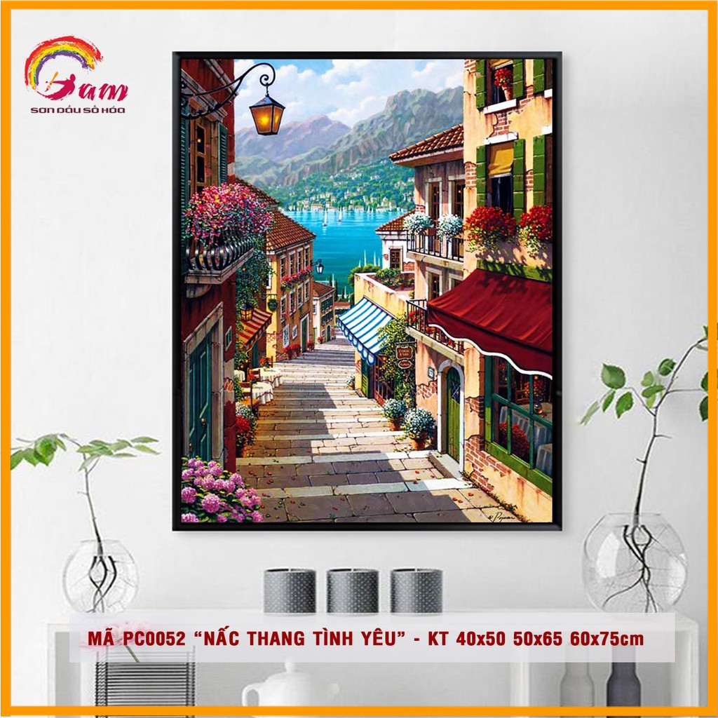 Tranh sơn dầu số hoá tự tô 🎨CHUẨN MÀU🎨 Phố cổ làng ven biển Châu Âu PC0052