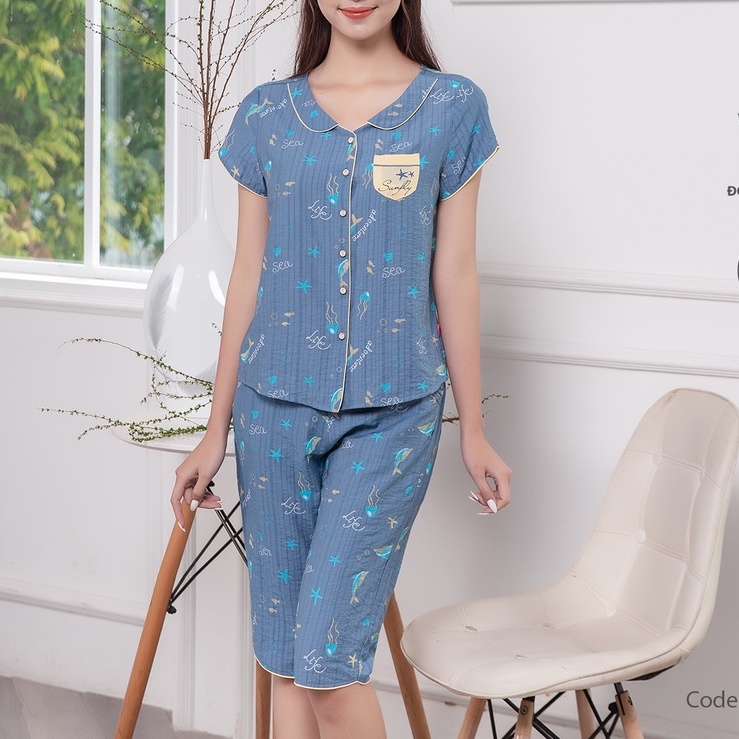 Bộ đồ mặc nhà nữ pijamas linen SUNFLY áo cộc tay, quần ngố ST8788