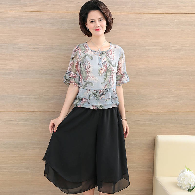 bán trước mới năm 2021Các bà mẹ trung niên mặc thời trang mùa hè áo thun một mảnh / suit ngắn tay sơ mi voan ha
