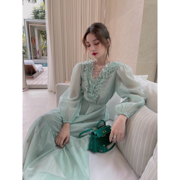Váy xanh mint tiểu thư bèo nhún cổ tay phồng mãi voan tơ