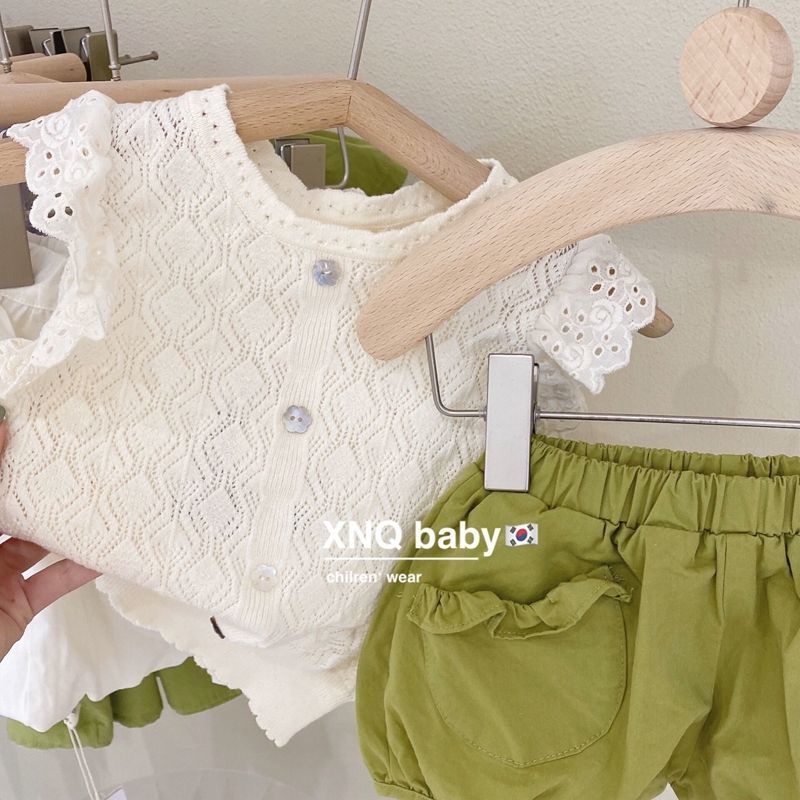 Bộ Áo Sát Nách + Quần Short Dệt Kim Phối Ren Phong Cách Nhật Hàn Thời Trang Mùa Hè Mới 2022 Cho Bé Gái