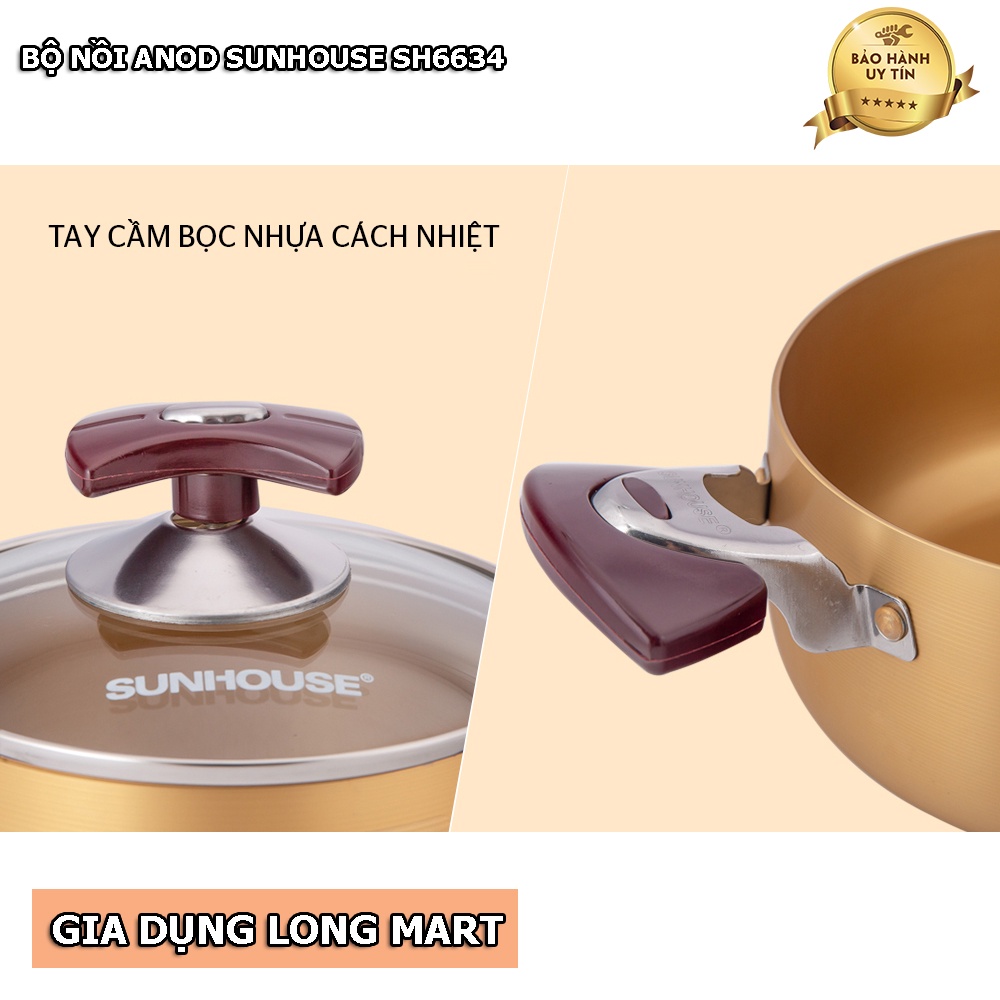 BỘ NỒI ANOD SUNHOUSE SH6634 CHẤT LIỆU NHÔM DÙNG BẾP GAS, BẾP HỒNG NGOẠI, HÀNG CHÍNH HÃNG, BH 12 THÁNG