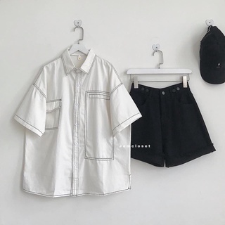 Áo sơ mi cộc tay viền chỉ