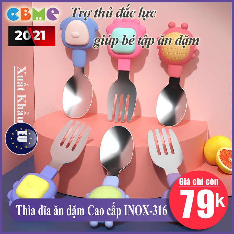 Thìa dĩa ăn dặm cho bé Beedol inox 316 kiểu Nhật cao cấp, giúp bé tập ăn, tập xúc