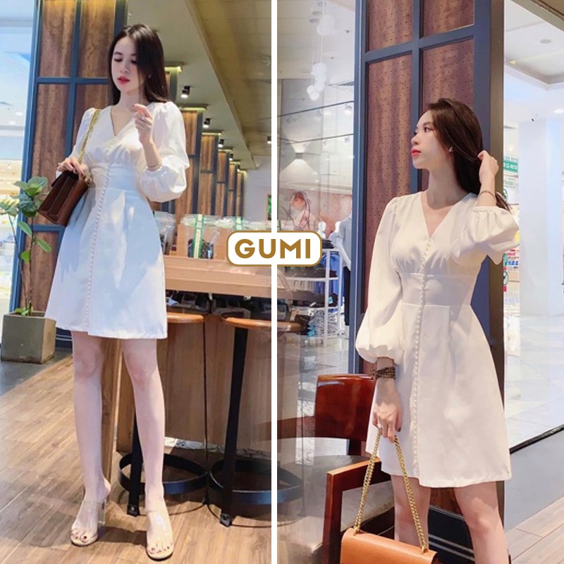 Đầm nữ dự tiệc dáng xòe tay phồng Gumi, cổ chữ V trẻ trung sang trọng - GM2055