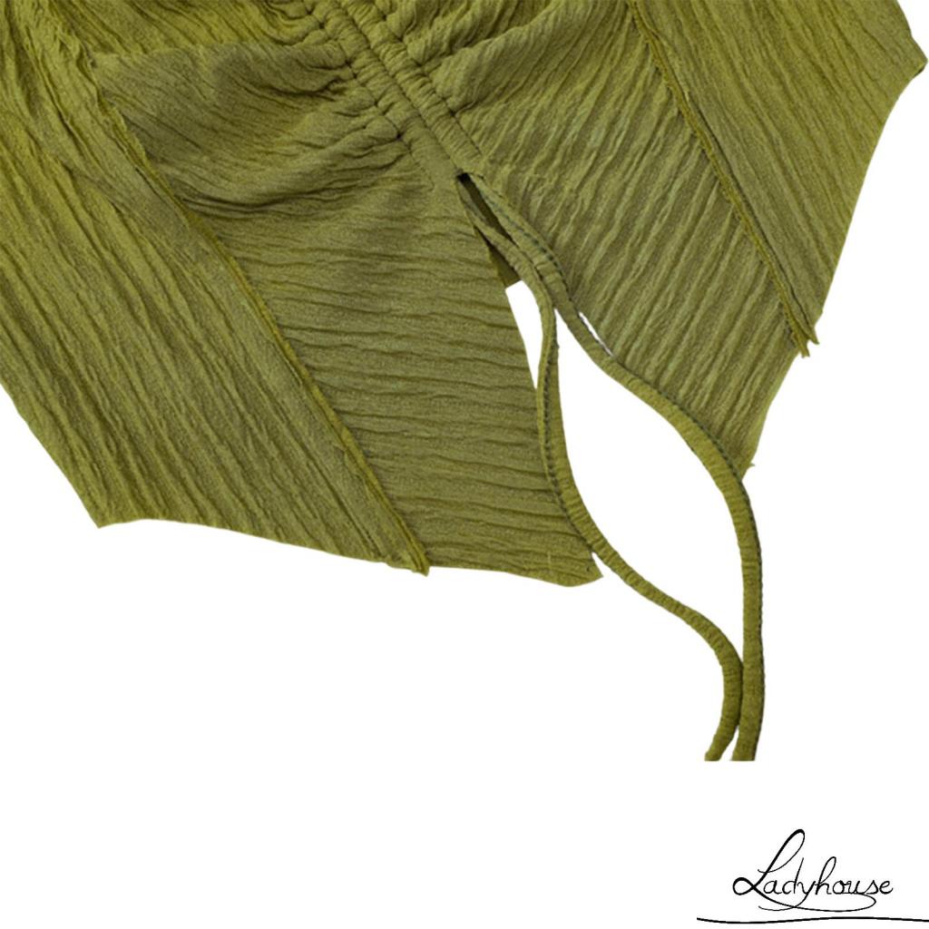 LD-Women´s Halter Crop Tank Tops, Sleeveless Solid Color Front Drawstring Camisole + Arm Sleeves