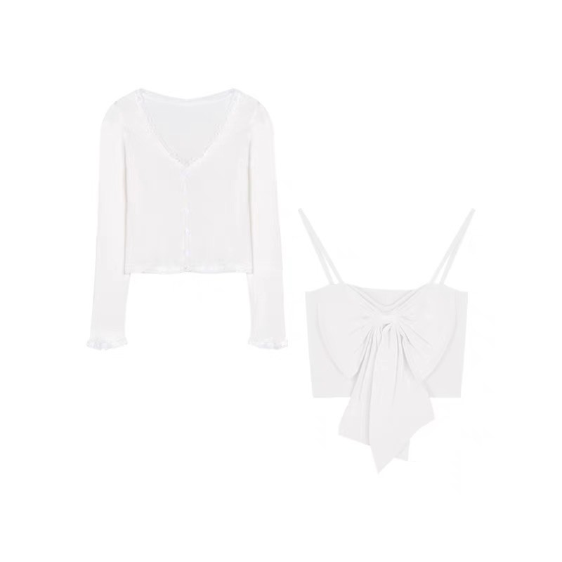 Set Áo Hai Dây Nơ + Áo Khoác Cardigan Ngắn ( ODER + KÈM ẢNH THẬT ) | BigBuy360 - bigbuy360.vn