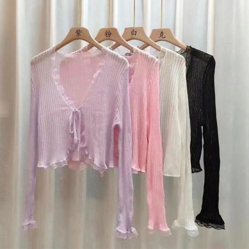 Áo khoác cardigan kiểu nữ thun len mỏng voan phối ren bèo tay dài croptop ôm trơn - Order taobao quảng châu