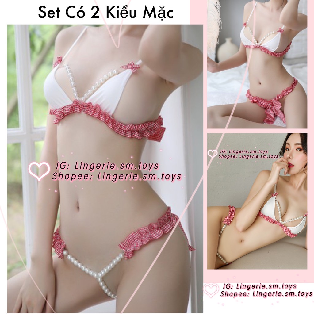 YT1217 Nội Y Siêu Nhỏ Ngọc Tra.i Bèo Nơ Kẻ Đỏ Gợi Cảm - 2 Cách Mặc - Cosplay Sexy