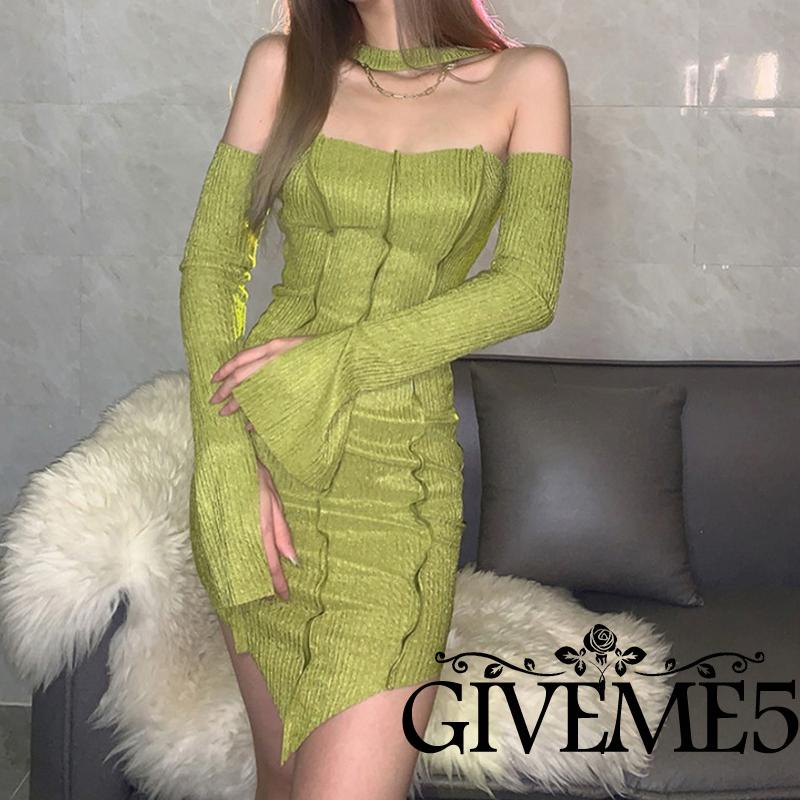 Váy tay GIVEME5 dài tay trễ vai màu trơn có gân cho nữ