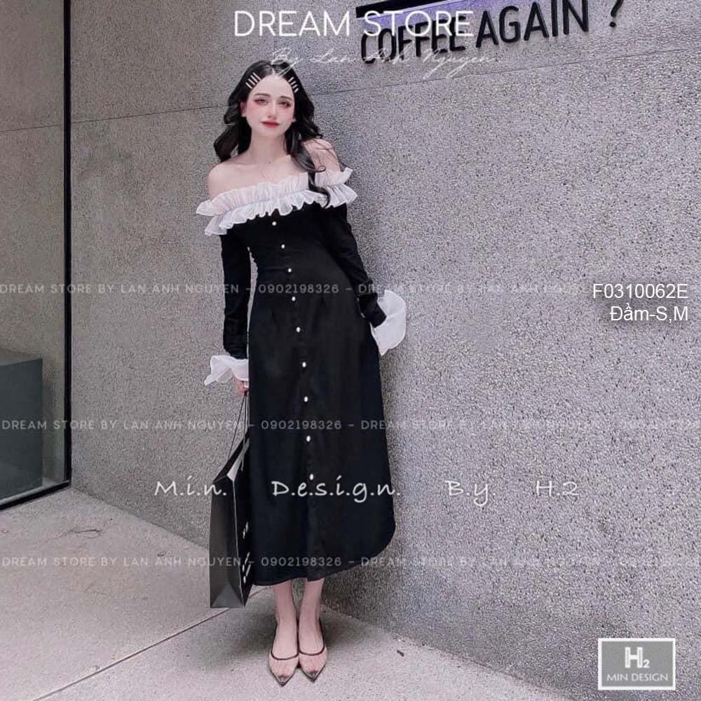 Đầm tiểu thư ngực phối bèo trắng trễ vai dáng xòe siêu xinh tay dài!