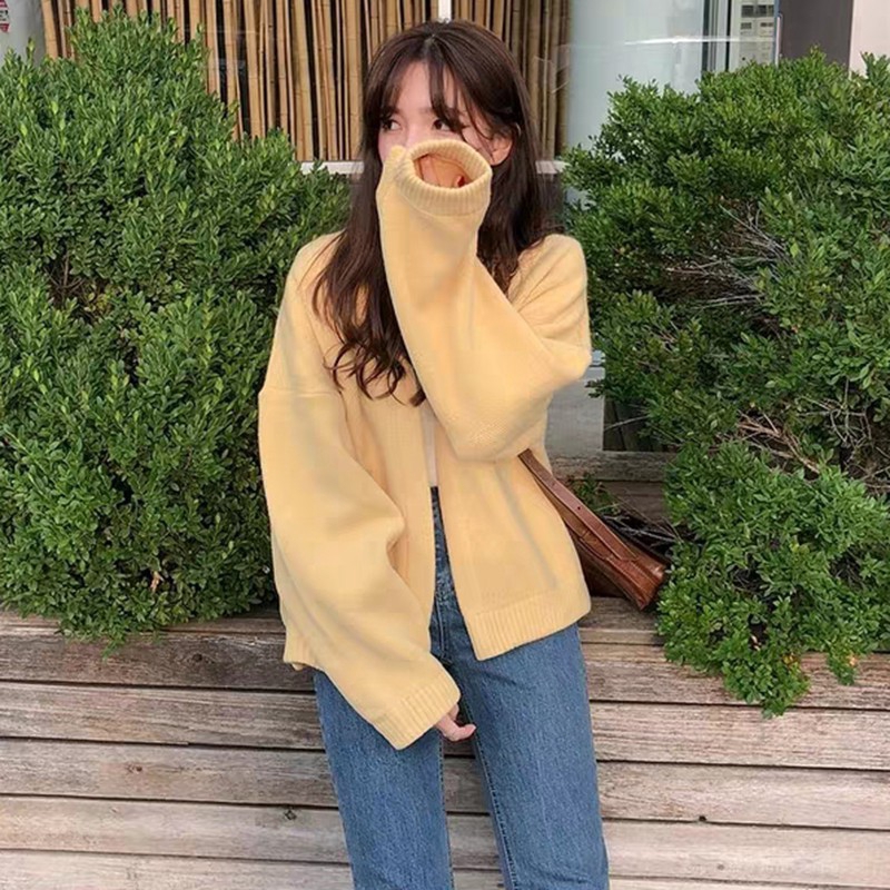 C&M Women Long Sleeve Casual Loose Soft Yellow Knit Cardigan