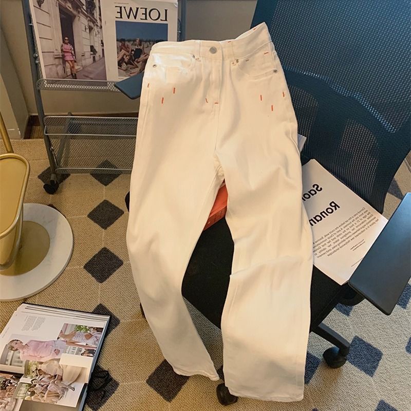Jiashucheng Quần Jean Nữ Ống Rộng Lưng Cao Màu Trắng Thời Trang Mới