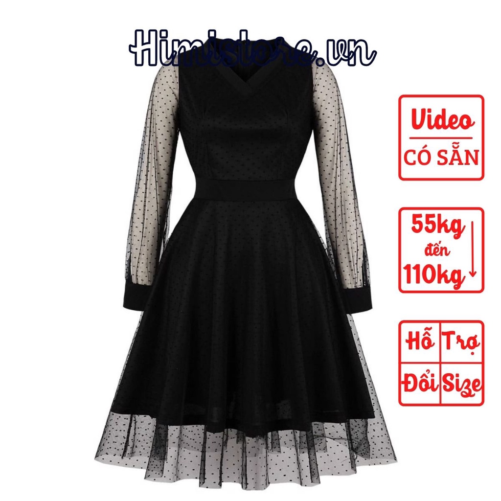 ĐẦM BIGSIZE DẠ HỘI TAY DÀI PHỐI REN NỀN ĐEN SANG TRỌNG - HIMISTORE - HM358