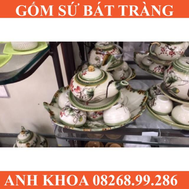 Ấm trà hoa sen quai ngang kèm khay - Gốm sứ Bát Tràng Anh Khoa