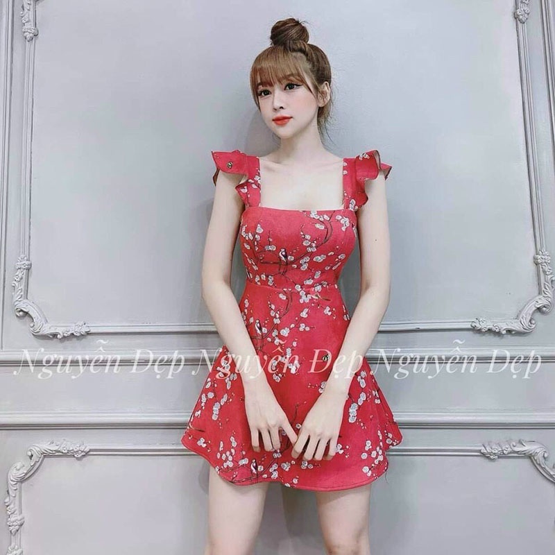 Đầm Xòe Hoa Đào Có Mút Ngực Thun Dẻo In 3D