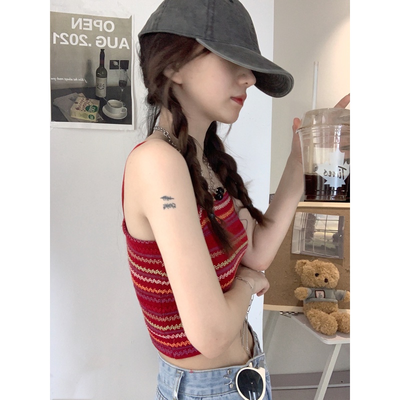 Áo kiểu hai dây XIAOZHAINV dệt kim họa tiết kẻ sọc nhiều màu sắc ôm dáng vừa vặn thời trang mùa hè quyến rũ cho nữ