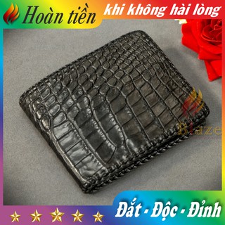Ví Da Cá Sấu 2 Mặt Đan Viền Da Bụng - Bóp Da Cá Sấu Đan Viền Cao Cấp BLAZE | Ngang | Đen