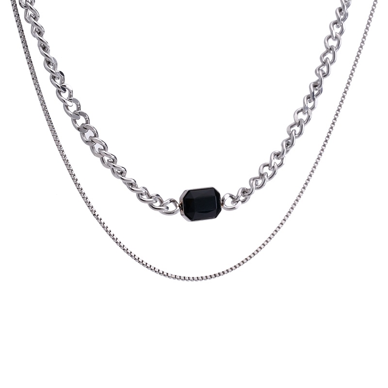 Vòng cổ hai lớp bằng thép titan màu đen đính đá phong cách hip hop đường phố