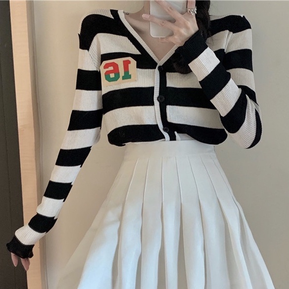 【ZHELIHANGFEI】Áo Khoác Cardigan Dệt Kim Tay Dài Cổ Chữ V Họa Tiết Kẻ Sọc Thời Trang