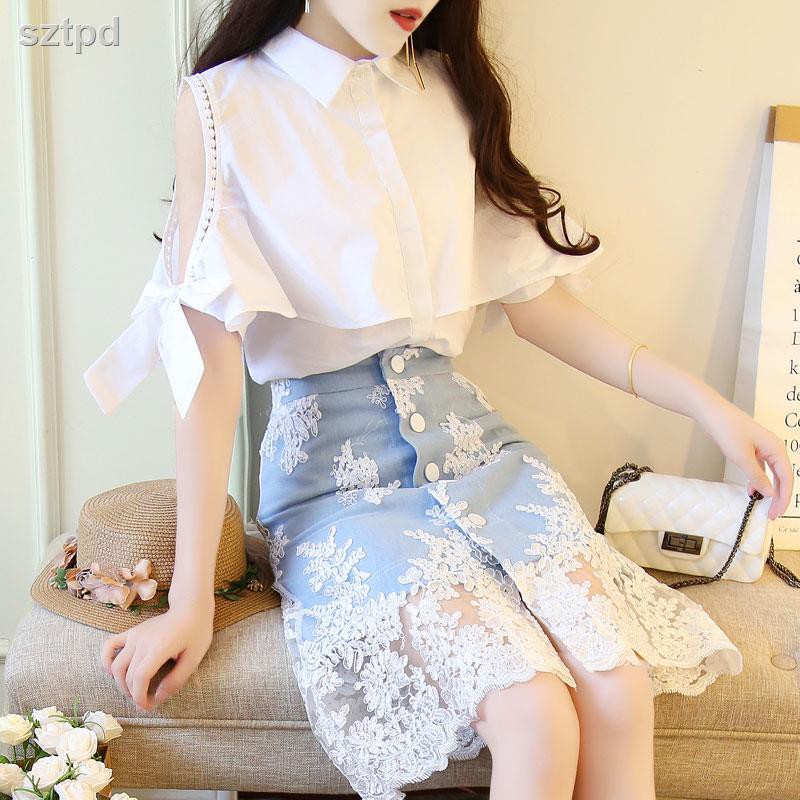 Set Áo Sơ Mi Trễ Vai + Chân Váy Denim Lưng Cao Thời Trang Dành Cho Nữ
