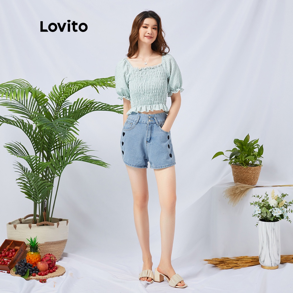 Lovito Áo kiểu cổ vuông kẻ sọc màu xanh lá dễ thương L11D27
 | BigBuy360 - bigbuy360.vn