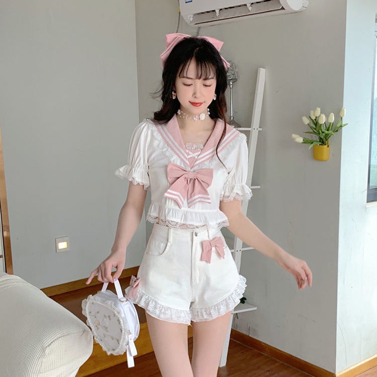 Bộ Áo Tay Phồng Cổ Thủy Thủ Thắt Nơ + Quần Short Denim Lưng Cao Thời Trang Mùa Hè Phong Cách Mới 2022