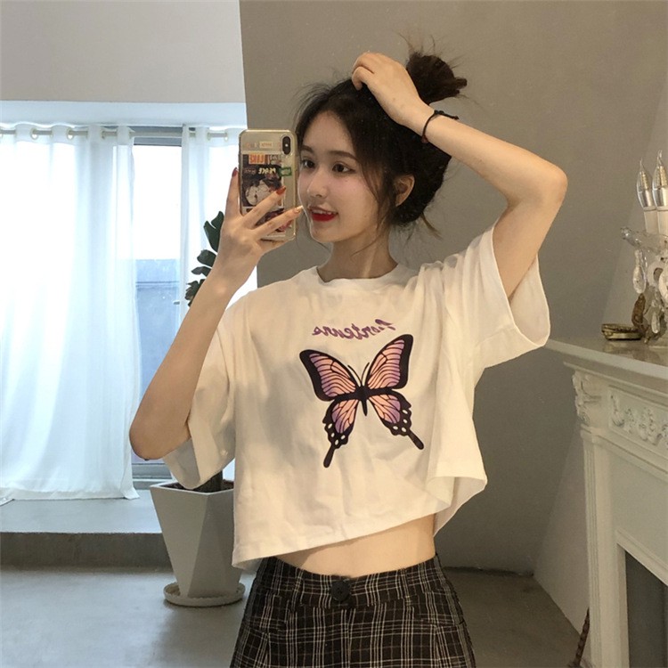 Áo thun croptop nữ form rộng tay ngắn ulzzang in hình Bướm trẻ trung phong cách Hàn Quốc C15 - MaoMao