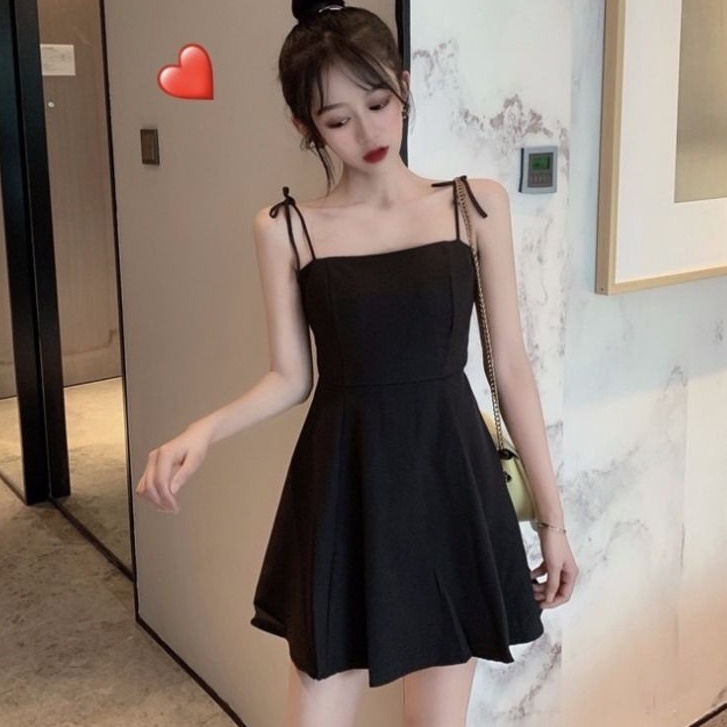 Đầm Ngắn Hai Dây Màu Đen Phong Cách Hàn Quốc Thời Trang Mùa Hè Dành Cho Nữ