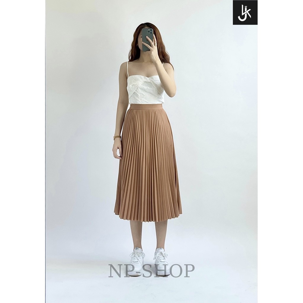 Chân váy nữ xếp ly dáng xoè NPSHOP, chân váy lưng cao xếp ly dáng dài NPCV004