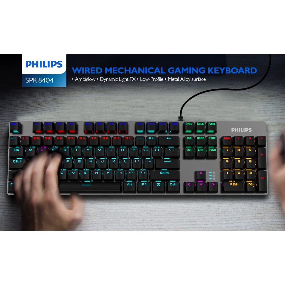 Bàn phím cơ có dây Philips SPK 8404 màu bạc led RGB cổng USB 2.0 chơi game chuyên nghiệp switch blue - chính hãng