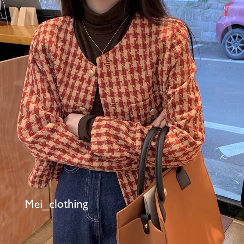 Áo Khoác Dạ Tweed Vintage cúc vàng, Áo dạ 2 lớp cổ tròn