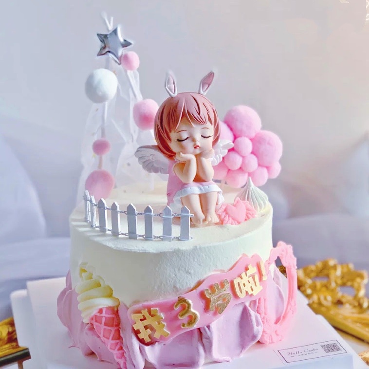 Trang trí bé gái thiên thần có cánh nhỏ - váy hồng