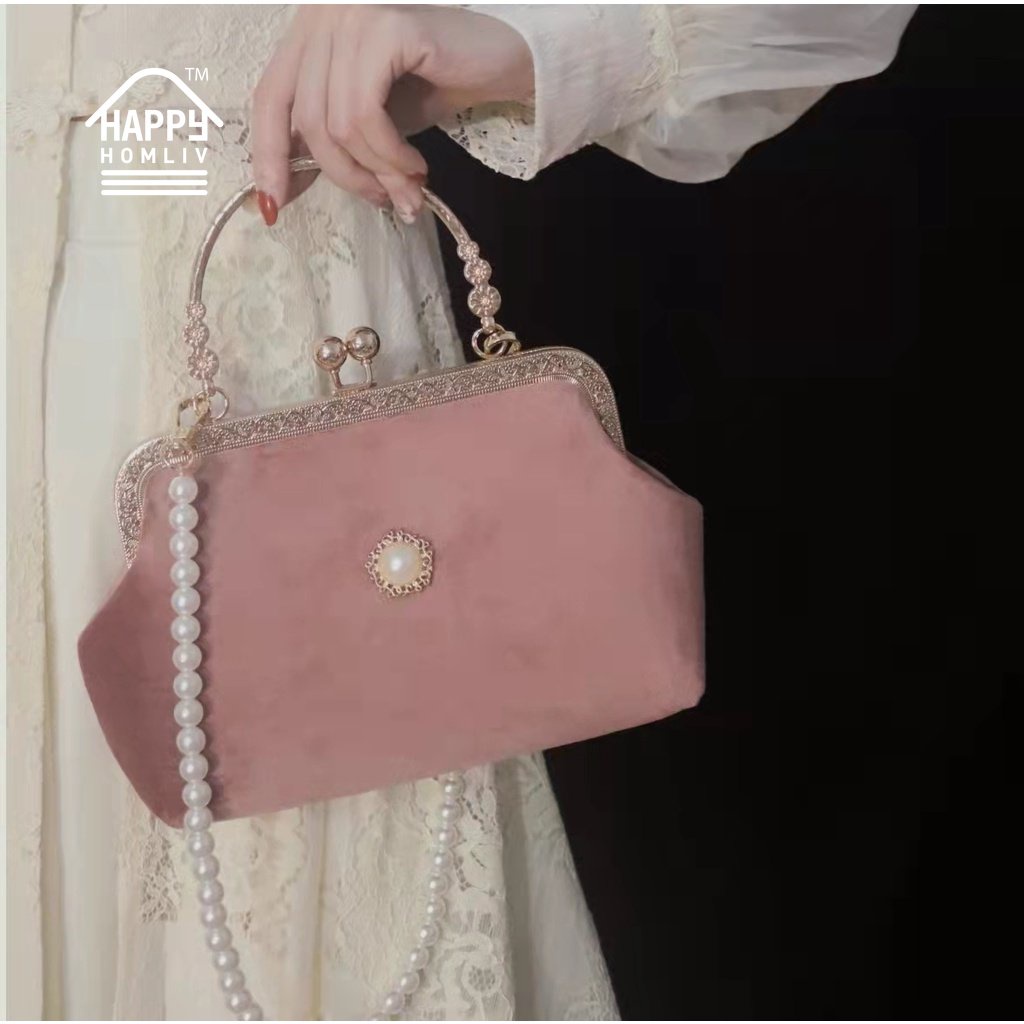 Túi đeo vai HAPPY HOMLIV phối dây ngọc trai thủ công với tay cầm màu vàng đồng cho nam và nữ