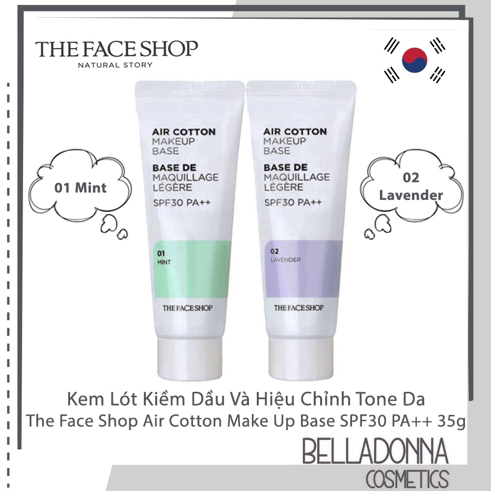 Kem Lót Kiềm Dầu Và Hiệu Chỉnh Tone Da The Face Shop Air Cotton Make Up Base SPF30 PA++ 35g