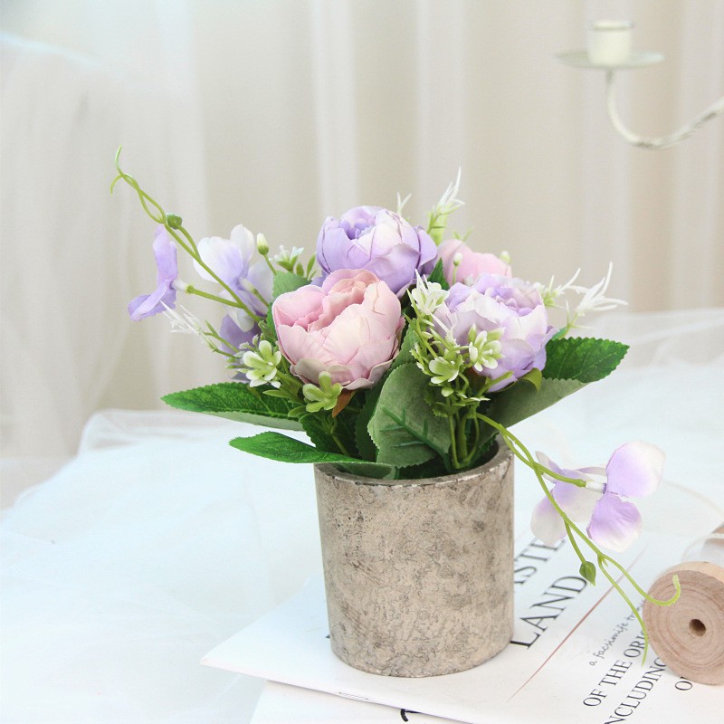Hoa giả trang trí để bàn đẹp KHALIK - chậu hoa bằng gỗ phong cách cổ điển - HF013