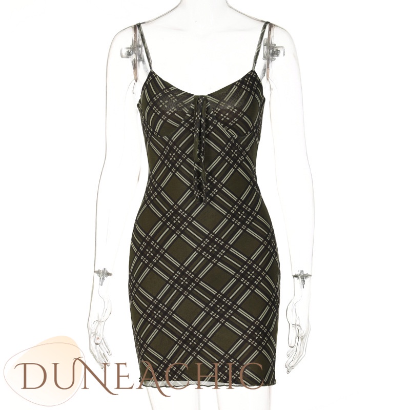 DUNEA Đầm hai dây họa tiết sọc caro phong cách vintage quyến rũ