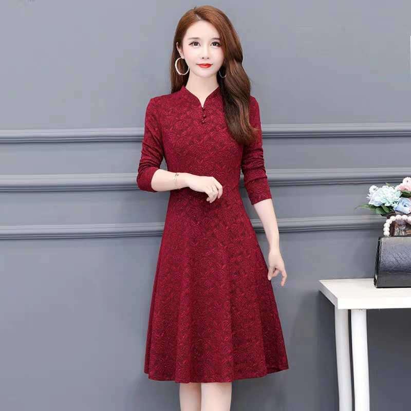 Thời trang trung niên✙◇❦Váy liền Size Lớn dài tay cho người mẹ có lớp nhung mỏng, mặc bên trong cao quý mùa xuân
