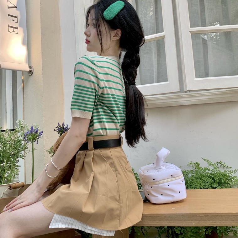 【ZHELIHANGFEI】Áo Thun Tay Ngắn Hoạ Tiết Kẻ Sọc Thiết Kế Cột Dây Quyến Rũ Hợp Thời Trang