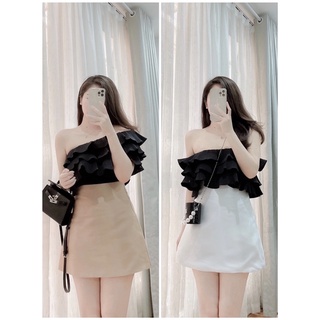 Chân váy tafta cạp cao (Nâu/trắng)