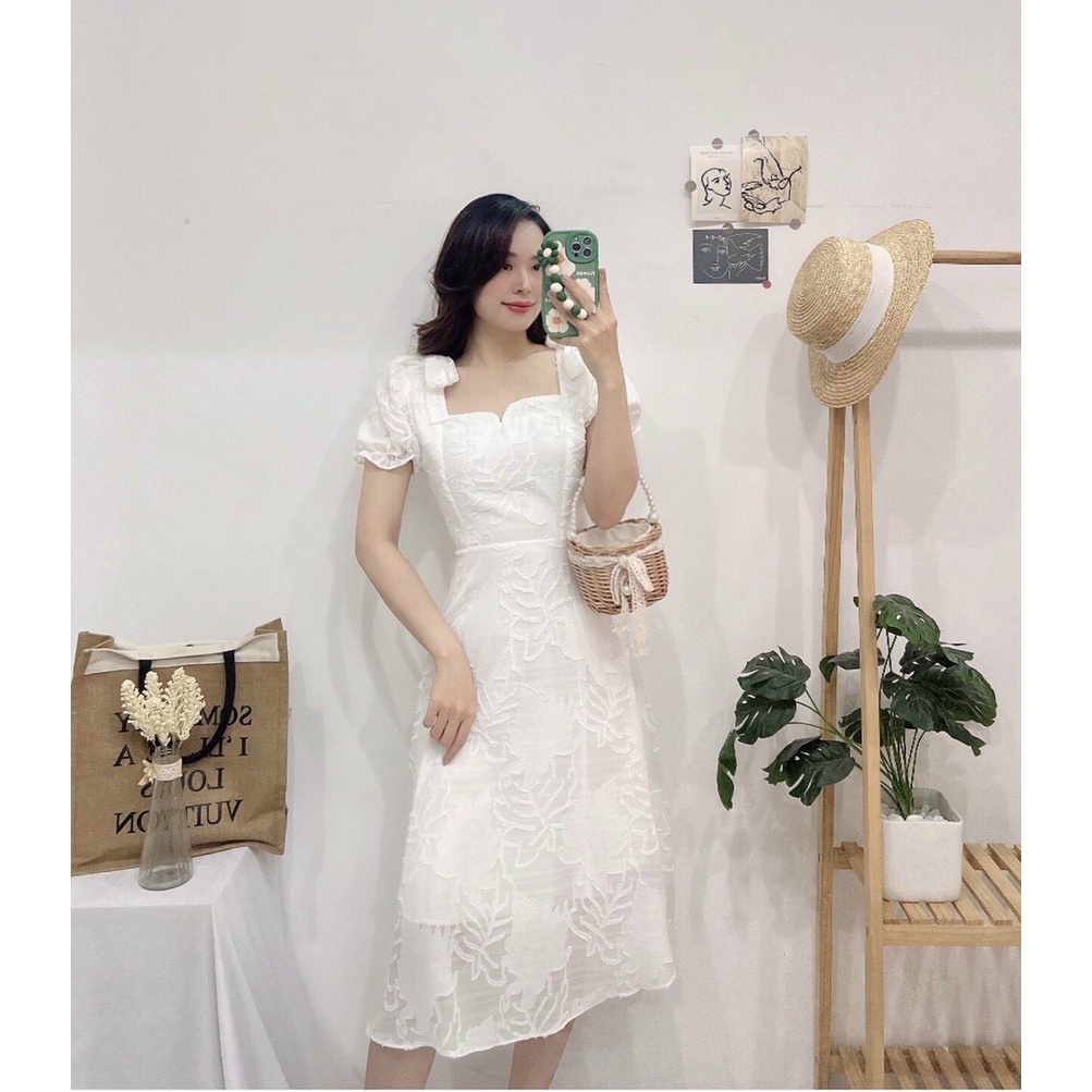 ĐẦM DA TƠ REN CỔ VUÔNG PHỐI NƠ VAI DÁNG XÒE-Hình shop chụp thật